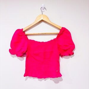 GUESS – Bright‎ pink smocked puff sleeve top | Feminine ruffle detail | Small *